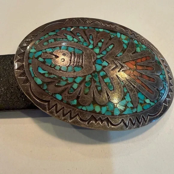 Authentic Vintage turquoise and coral Inlay Sterling Silver Buckle with belt